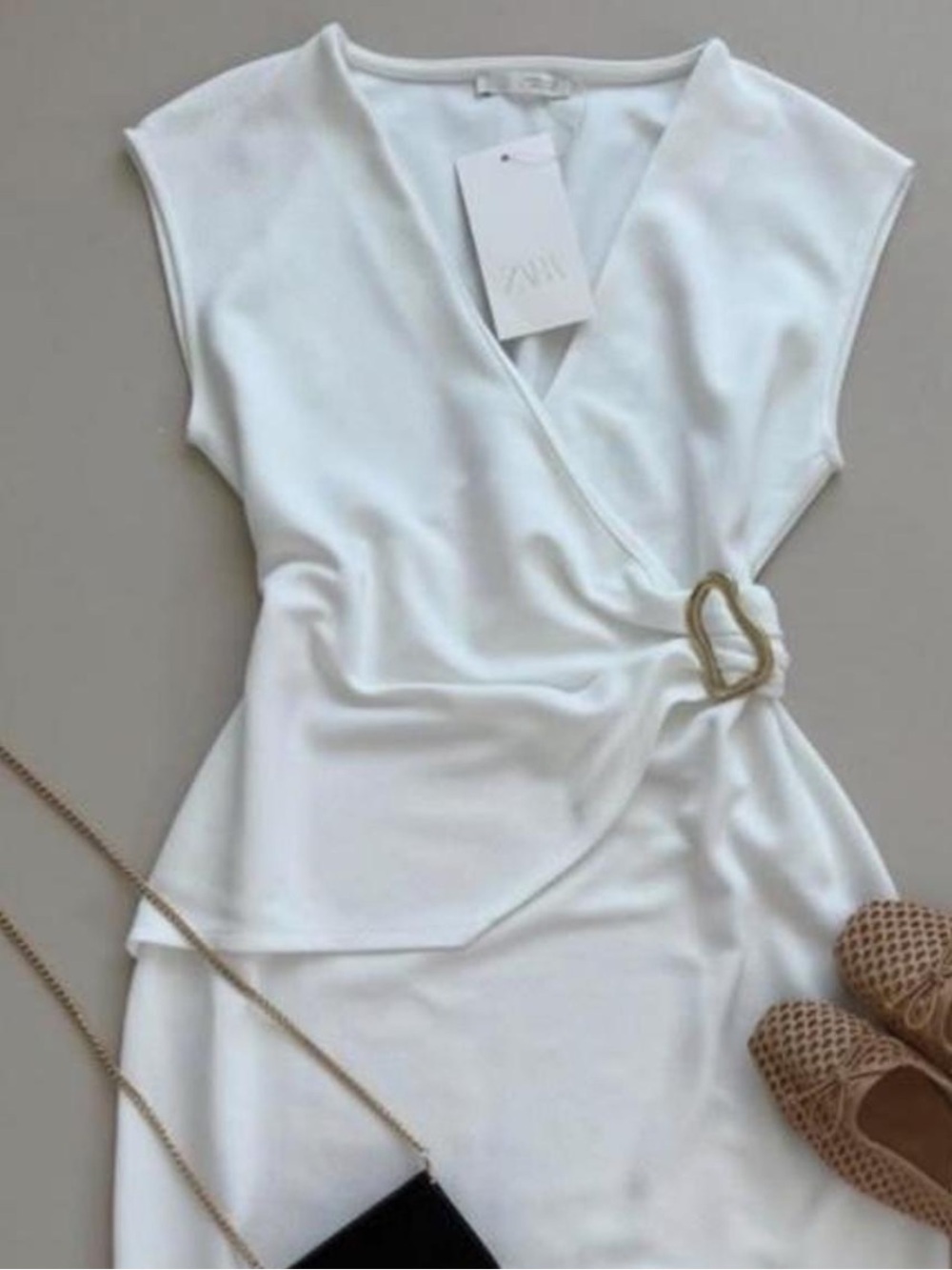 Zara White Wrap Midi Dress with Gold Buckle
